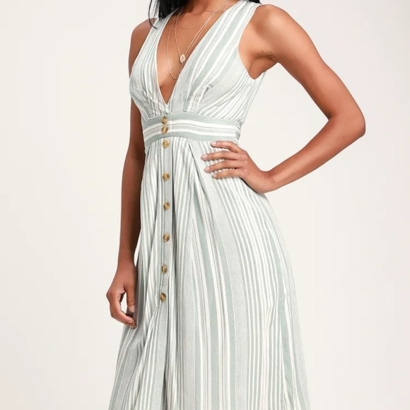 𝅺LULU'S Green White Striped V-Neck Sleeveless Button Front Midi Dress Size XS - Picture 1 of 10